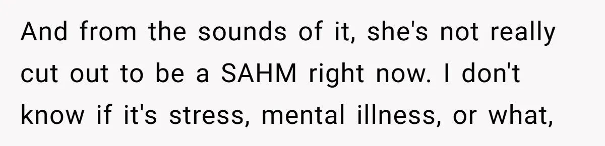 And from the sounds of it, she's not really cut out to be a SAHM right now. I don't know if it's stress, mental illness, or what,