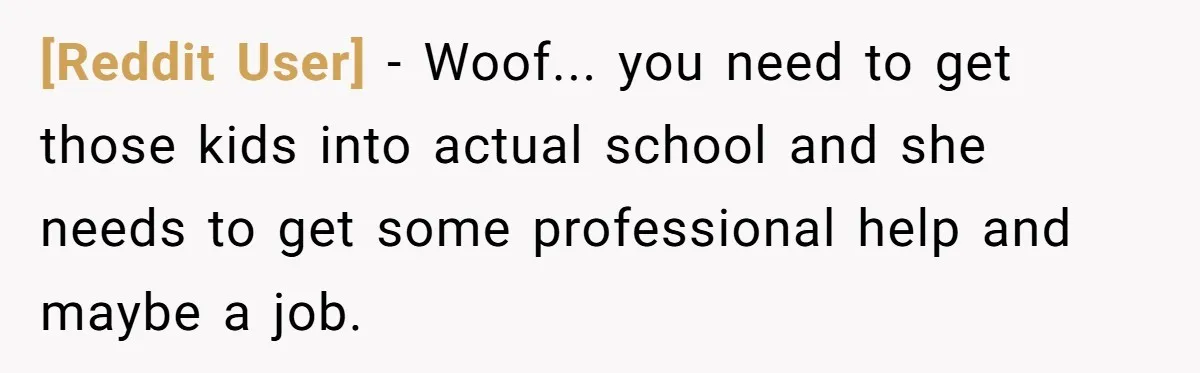[Reddit User] − Woof... you need to get those kids into actual school and she needs to get some professional help and maybe a job.