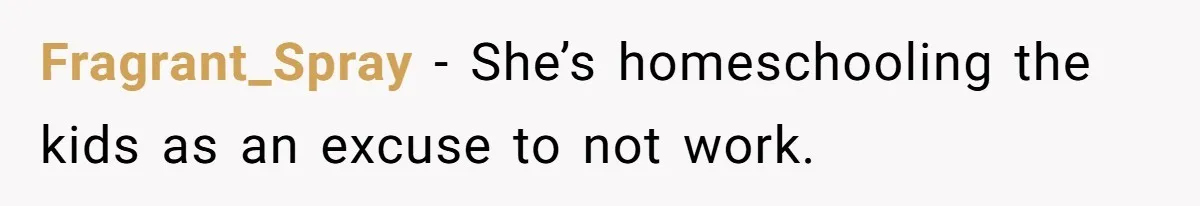 Fragrant_Spray − She’s homeschooling the kids as an excuse to not work.