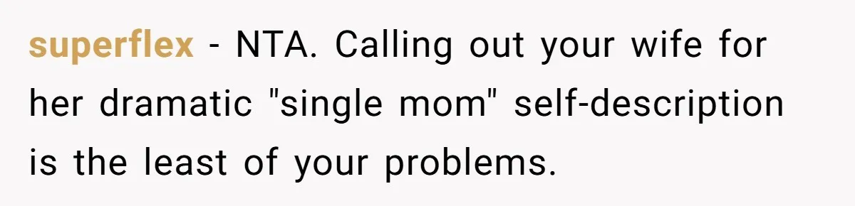 superflex − NTA. Calling out your wife for her dramatic "single mom" self-description is the least of your problems.
