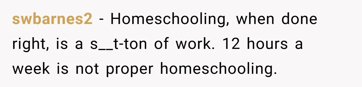 swbarnes2 − Homeschooling, when done right, is a s__t-ton of work. 12 hours a week is not proper homeschooling.