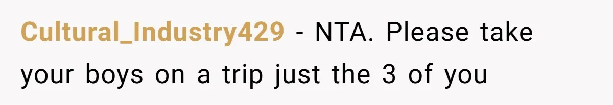 Cultural_Industry429 − NTA. Please take your boys on a trip just the 3 of you