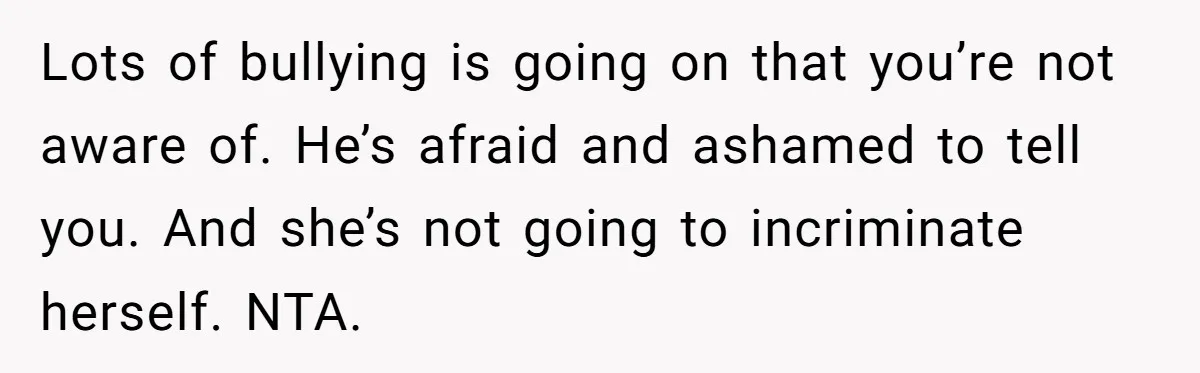 Lots of bullying is going on that you’re not aware of. He’s afraid and ashamed to tell you. And she’s not going to incriminate herself. NTA.