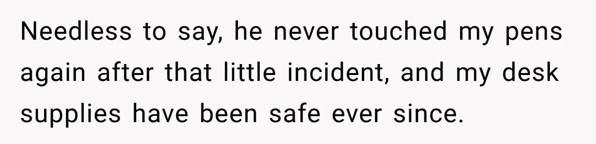 Needless to say, he never touched my pens again after that little incident, and my desk supplies have been safe ever since.