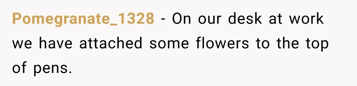 Pomegranate_1328 − On our desk at work we have attached some flowers to the top of pens.