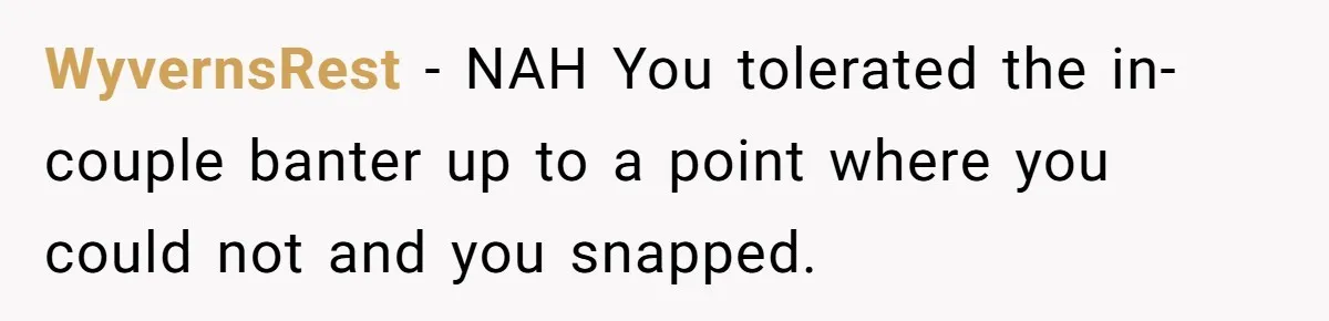 WyvernsRest − NAH You tolerated the in-couple banter up to a point where you could not and you snapped.