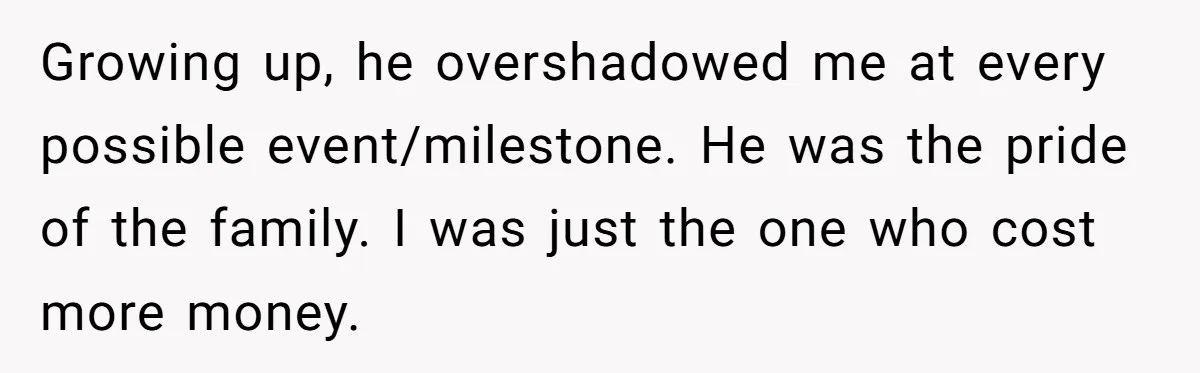 Growing up, he overshadowed me at every possible event/milestone. He was the pride of the family. I was just the one who cost more money.