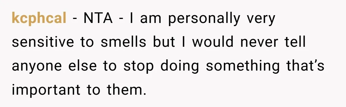 kcphcal − NTA - I am personally very sensitive to smells but I would never tell anyone else to stop doing something that’s important to them.