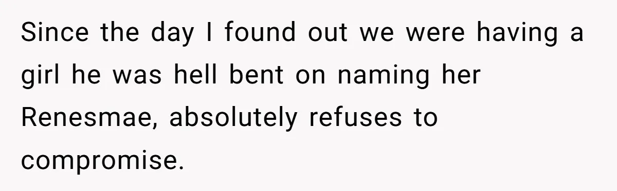 Pregnant Woman Refuses To Let Boyfriend Name Their Daughter “Renesmae” After Twilight Character Since the day I found out we were having a girl he was hell bent on naming her Renesmae, absolutely refuses to compromise.