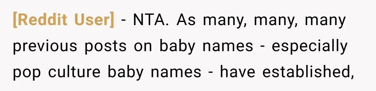 [Reddit User] − NTA. As many, many, many previous posts on baby names - especially pop culture baby names - have established,
