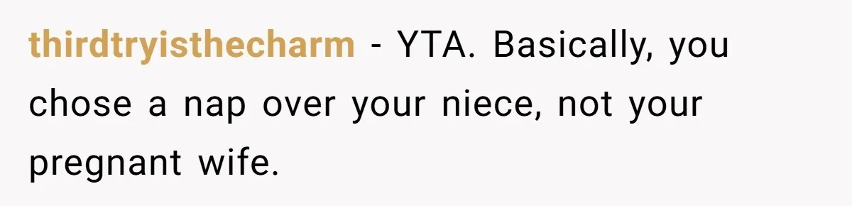 thirdtryisthecharm − YTA. Basically, you chose a nap over your niece, not your pregnant wife.