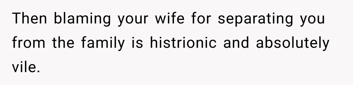 Then blaming your wife for separating you from the family is histrionic and absolutely vile.