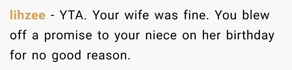 lihzee − YTA. Your wife was fine. You blew off a promise to your niece on her birthday for no good reason.