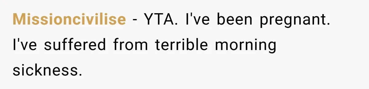 Missioncivilise − YTA. I've been pregnant. I've suffered from terrible morning sickness.