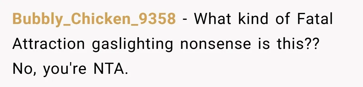 Bubbly_Chicken_9358 − What kind of Fatal Attraction gaslighting nonsense is this?? No, you're NTA.