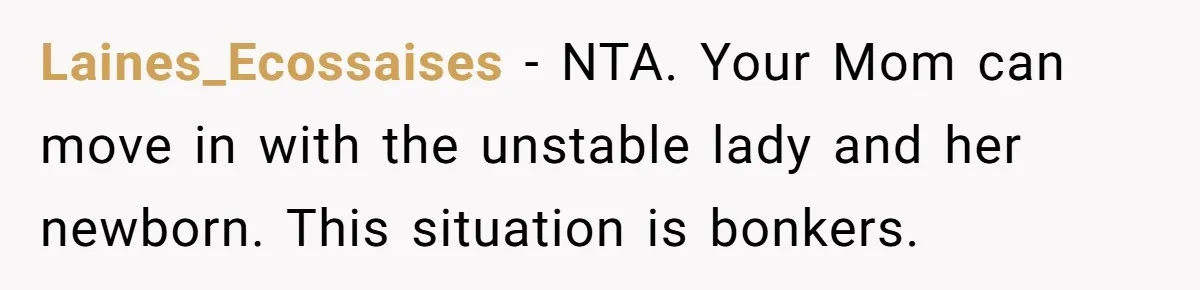 Laines_Ecossaises − NTA. Your Mom can move in with the unstable lady and her newborn. This situation is bonkers.