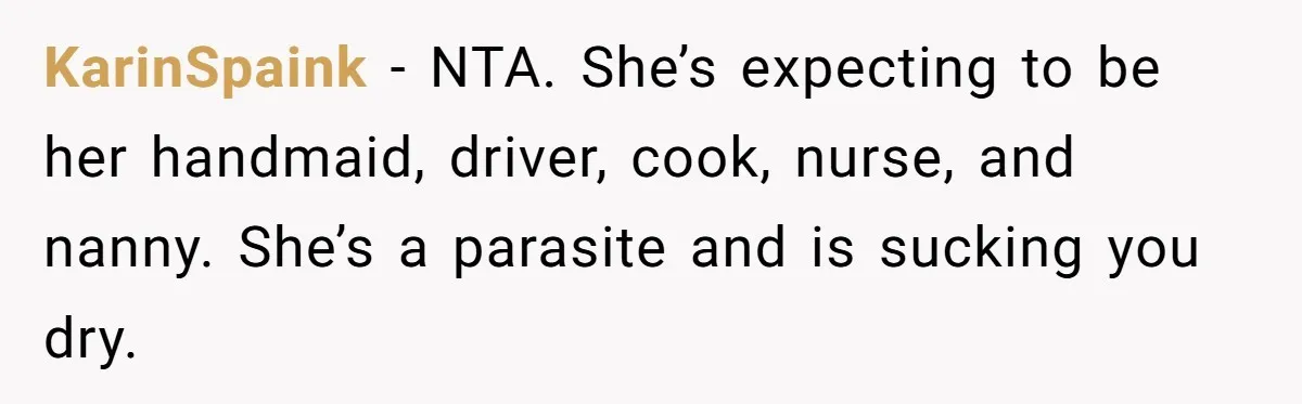 KarinSpaink − NTA. She’s expecting to be her handmaid, driver, cook, nurse, and nanny. She’s a parasite and is sucking you dry.