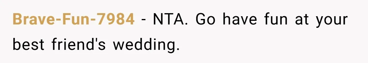 Brave-Fun-7984 − NTA. Go have fun at your best friend's wedding.