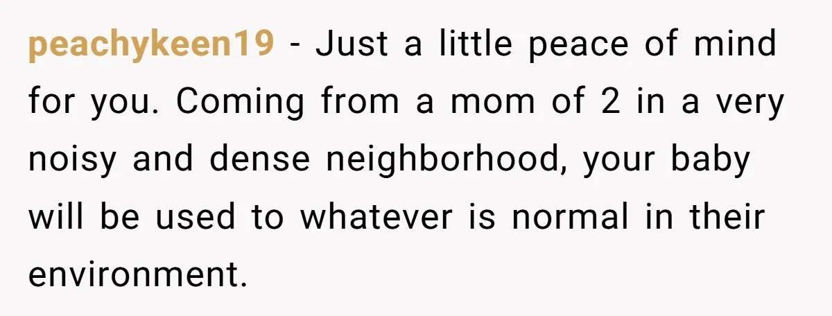 peachykeen19 − Just a little peace of mind for you. Coming from a mom of 2 in a very noisy and dense neighborhood, your baby will be used to whatever...