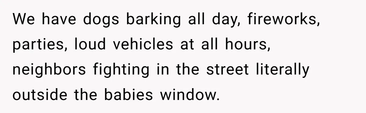 We have dogs barking all day, fireworks, parties, loud vehicles at all hours, neighbors fighting in the street literally outside the babies window.