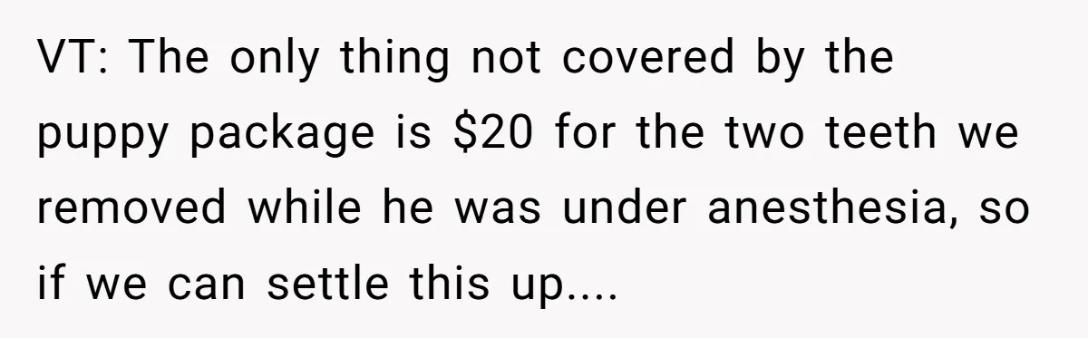 Dog Owner Upset After Vet Removes Puppy’s Teeth During Neutering Without Consent VT: The only thing not covered by the puppy package is $20 for the two teeth we removed while he was under anesthesia, so if we can settle this up....