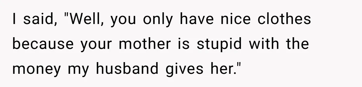 I said, "Well, you only have nice clothes because your mother is stupid with the money my husband gives her."