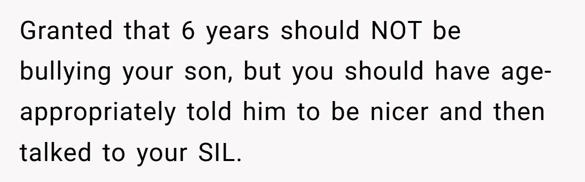 Granted that 6 years should NOT be bullying your son, but you should have age-appropriately told him to be nicer and then talked to your SIL.