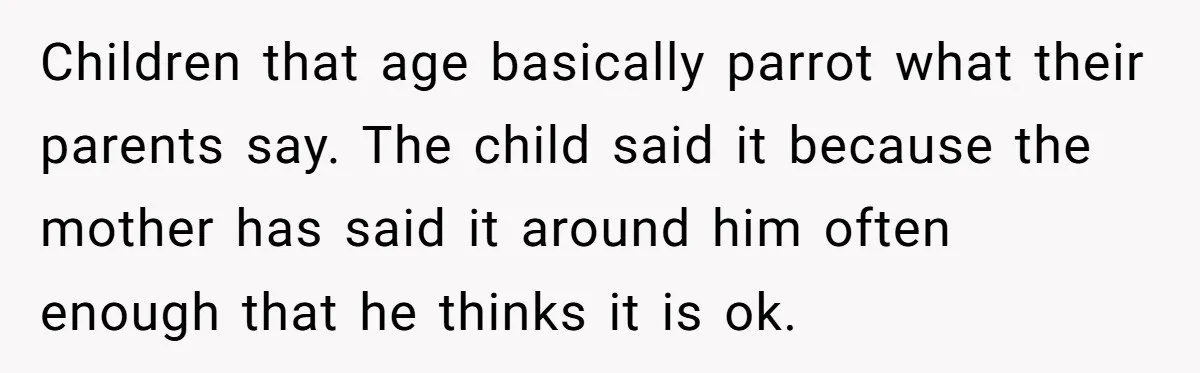 Children that age basically parrot what their parents say. The child said it because the mother has said it around him often enough that he thinks it is ok.