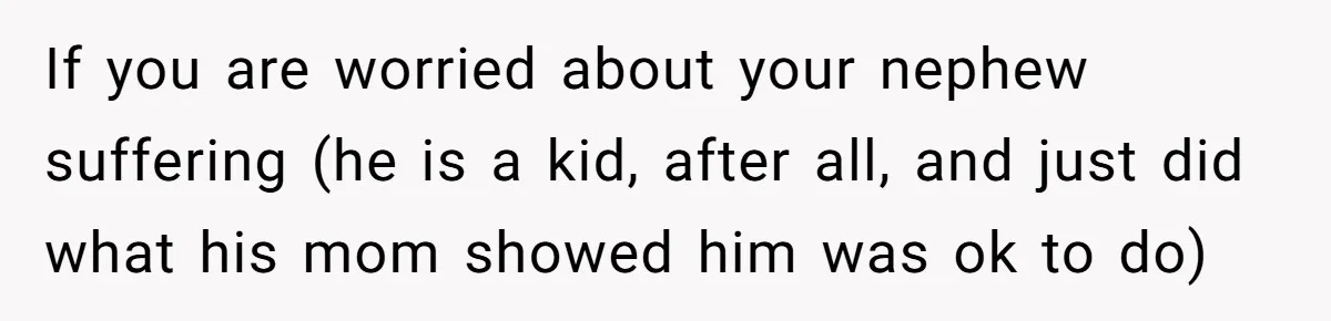 If you are worried about your nephew suffering (he is a kid, after all, and just did what his mom showed him was ok to do)