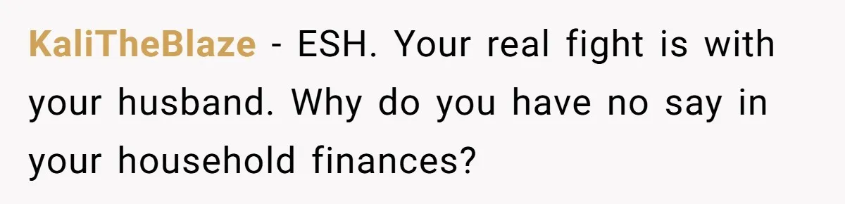 KaliTheBlaze − ESH. Your real fight is with your husband. Why do you have no say in your household finances?