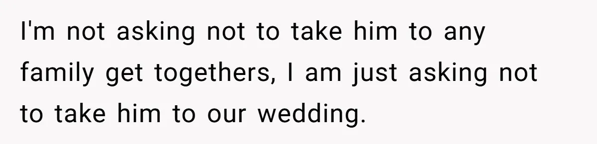 I'm not asking not to take him to any family get togethers, I am just asking not to take him to our wedding.