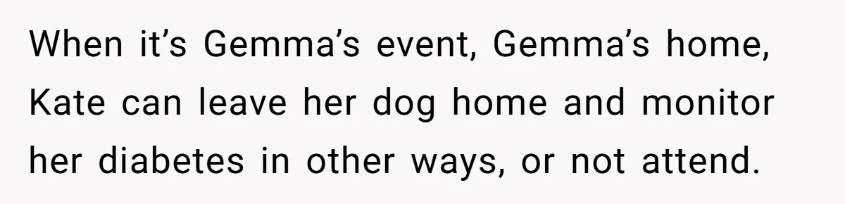 When it’s Gemma’s event, Gemma’s home, Kate can leave her dog home and monitor her diabetes in other ways, or not attend.