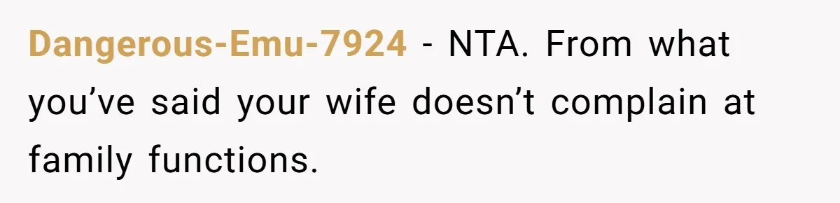 Dangerous-Emu-7924 − NTA. From what you’ve said your wife doesn’t complain at family functions.