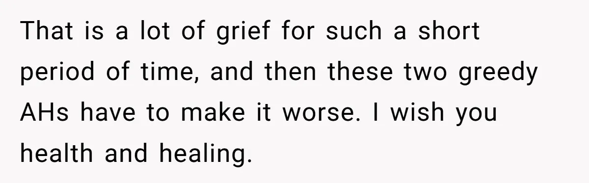 That is a lot of grief for such a short period of time, and then these two greedy AHs have to make it worse. I wish you health and healing.