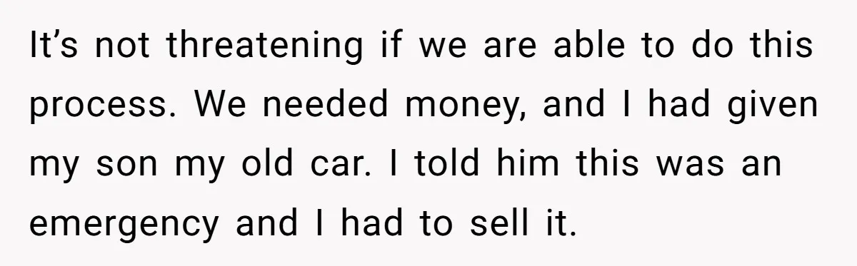 It’s not threatening if we are able to do this process. We needed money, and I had given my son my old car. I told him this was an emergency...