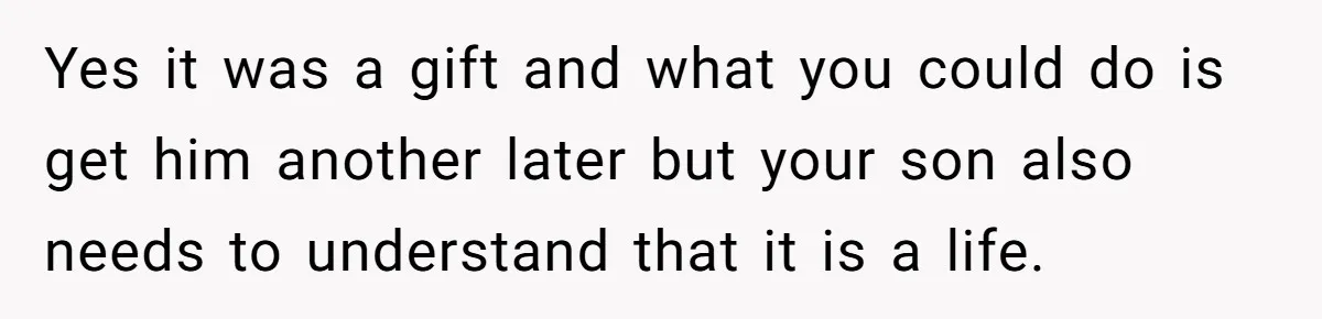 Yes it was a gift and what you could do is get him another later but your son also needs to understand that it is a life.