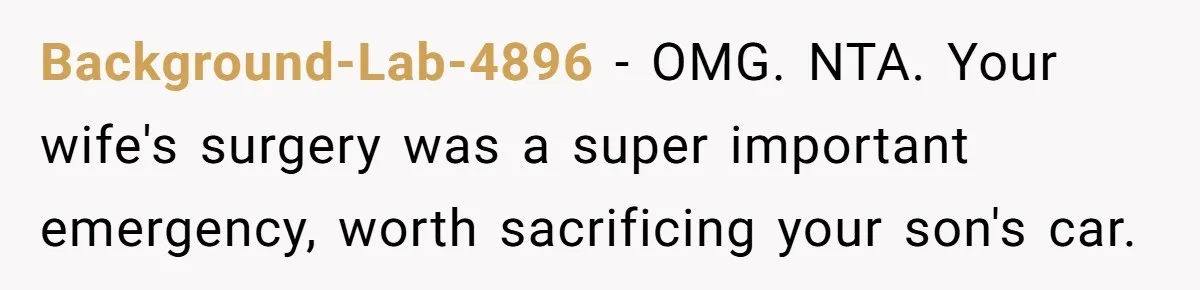 Background-Lab-4896 − OMG. NTA. Your wife's surgery was a super important emergency, worth sacrificing your son's car.