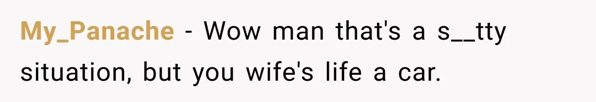 My_Panache − Wow man that's a s__tty situation, but you wife's life a car.