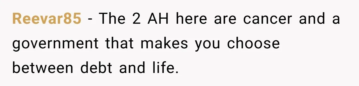 Reevar85 − The 2 AH here are cancer and a government that makes you choose between debt and life.
