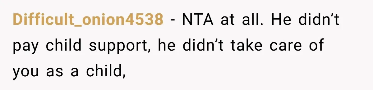 Man Refuses To Let Estranged Father Move In And Brings Up Years Of Unpaid Child Support Difficult_onion4538 − NTA at all. He didn’t pay child support, he didn’t take care of you as a child,