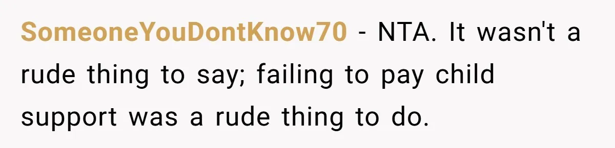 Man Refuses To Let Estranged Father Move In And Brings Up Years Of Unpaid Child Support SomeoneYouDontKnow70 − NTA. It wasn't a rude thing to say; failing to pay child support was a rude thing to do.