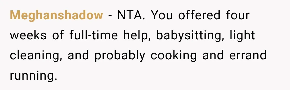 Meghanshadow − NTA. You offered four weeks of full-time help, babysitting, light cleaning, and probably cooking and errand running.
