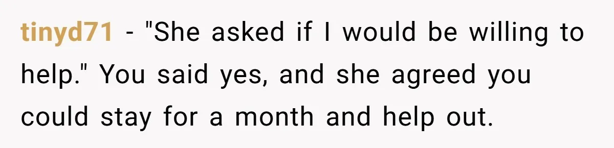 tinyd71 − "She asked if I would be willing to help." You said yes, and she agreed you could stay for a month and help out.