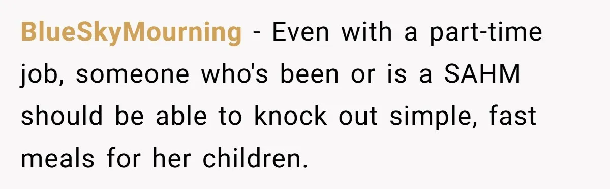 BlueSkyMourning − Even with a part-time job, someone who's been or is a SAHM should be able to knock out simple, fast meals for her children.