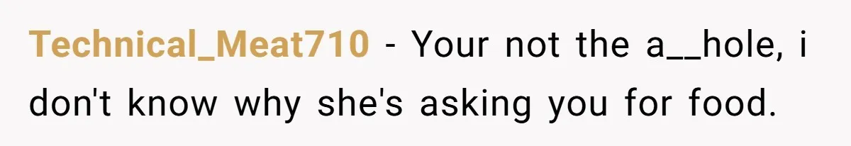 Technical_Meat710 − Your not the a__hole, i don't know why she's asking you for food.