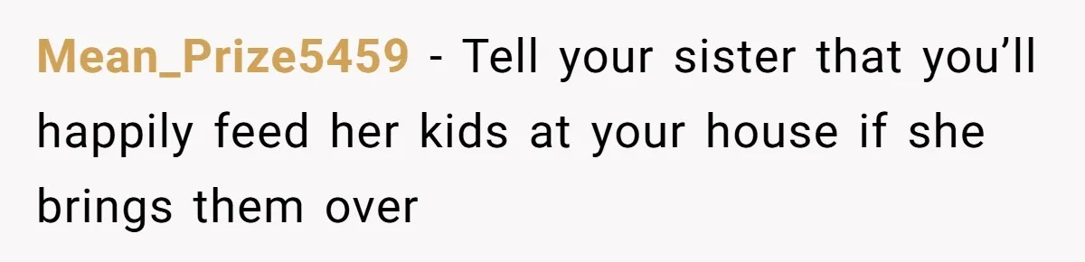 Mean_Prize5459 − Tell your sister that you’ll happily feed her kids at your house if she brings them over