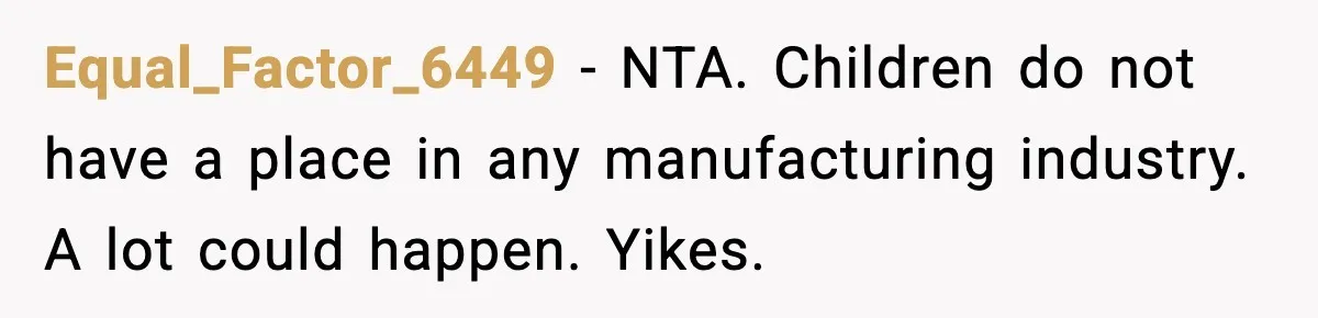 Equal_Factor_6449 - NTA. Children do not have a place in any manufacturing industry. A lot could happen. Yikes.