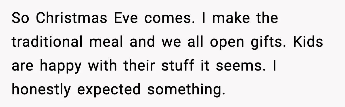 So Christmas Eve comes. I make the traditional meal and we all open gifts. Kids are happy with their stuff it seems. I honestly expected something.
