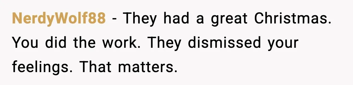 NerdyWolf88 - They had a great Christmas. You did the work. They dismissed your feelings. That matters.
