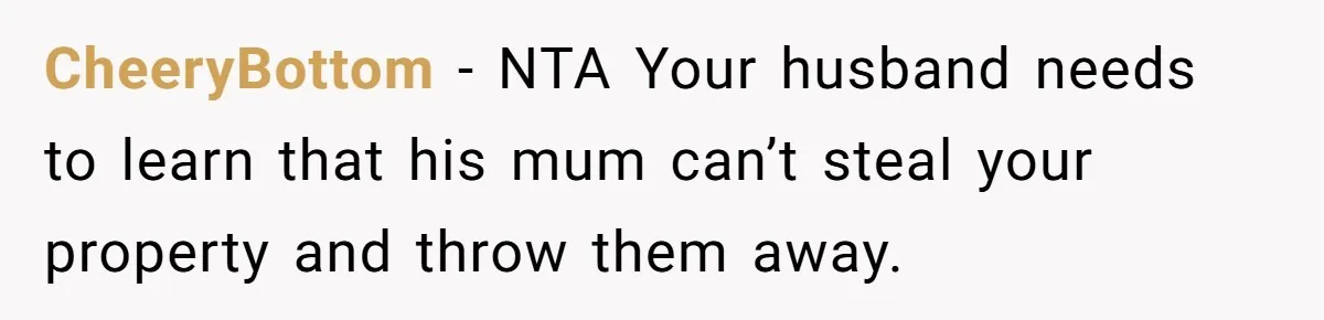 Woman Kicks Out Her Mother-In-Law After She “Tidies” The House A Little Too Much CheeryBottom − NTA Your husband needs to learn that his mum can’t steal your property and throw them away.